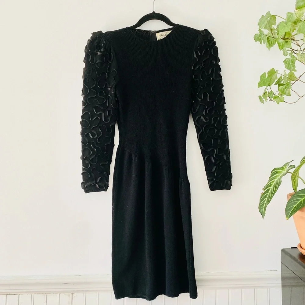 Saks Fifth Avenue Pat Sandler for Wellmore Black Vintage Knit Dress Puff Sleeves - Picture 2 of 6